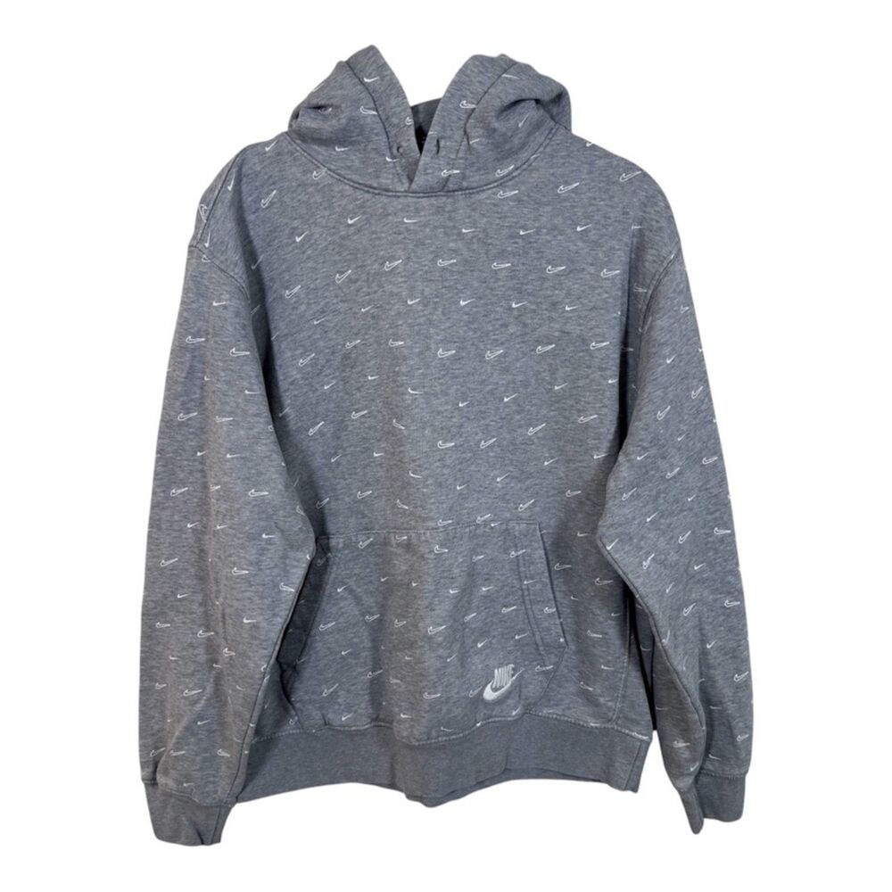Nike All Over Swoosh Print Pullover Hoodie Mens Medium Heather Gray EUC